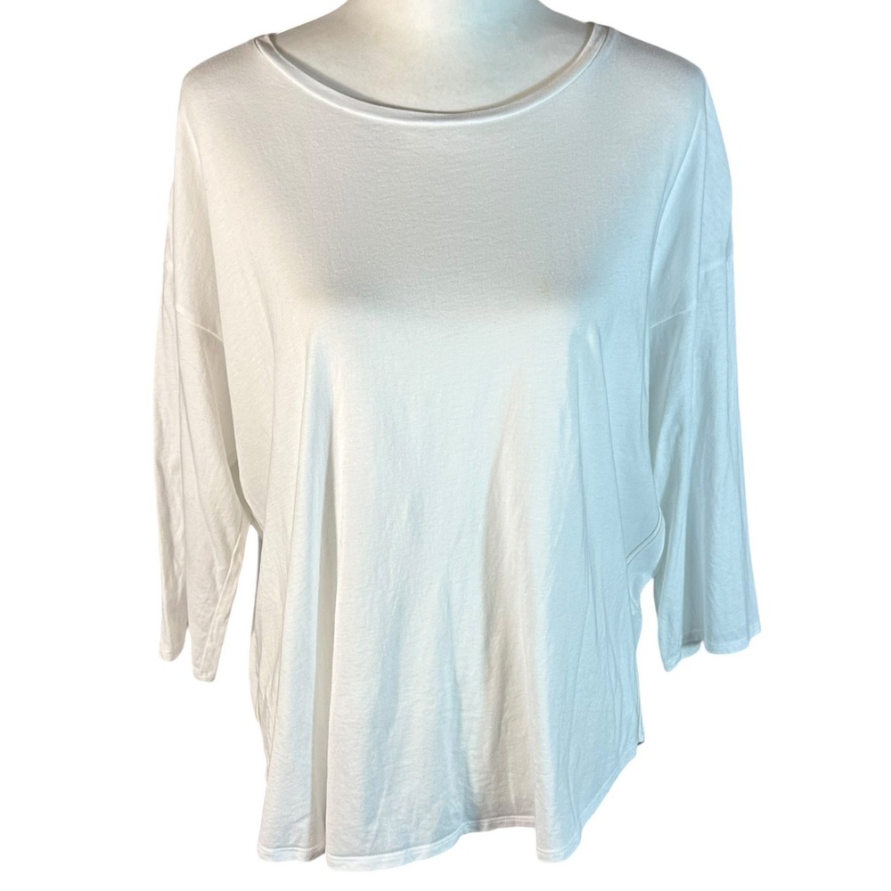 Eileen Fisher Top Womens L White Organic Cotton 3/4 Sleeve‎ Contrast Stitching